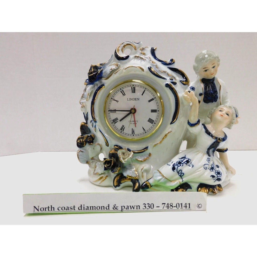Linden White Blue Porcelain Couple Figurine Collectible Alarm Clock Works DW734